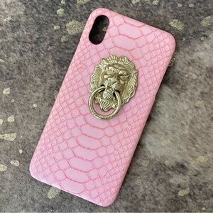 Pink faux snake skin phone case with gold lion holder